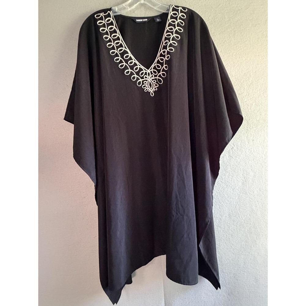 Lands' End Dress Womens L Black Embroidered V Neck Kaftan Tunic Asym Hem